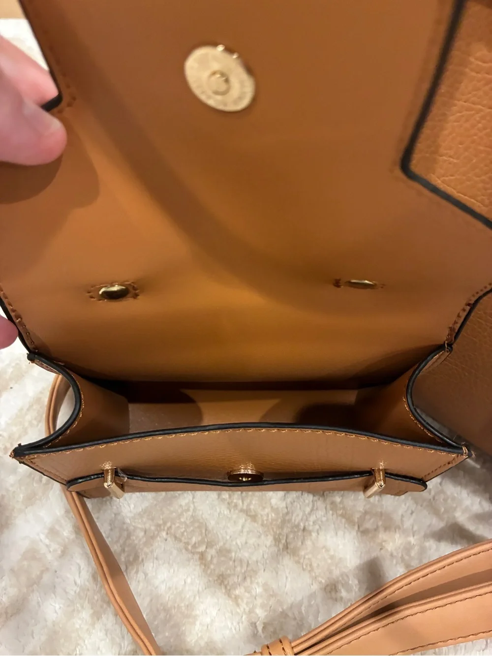 Structured Tan Satchel with Detachable Pouch and Gold-Tone Accents